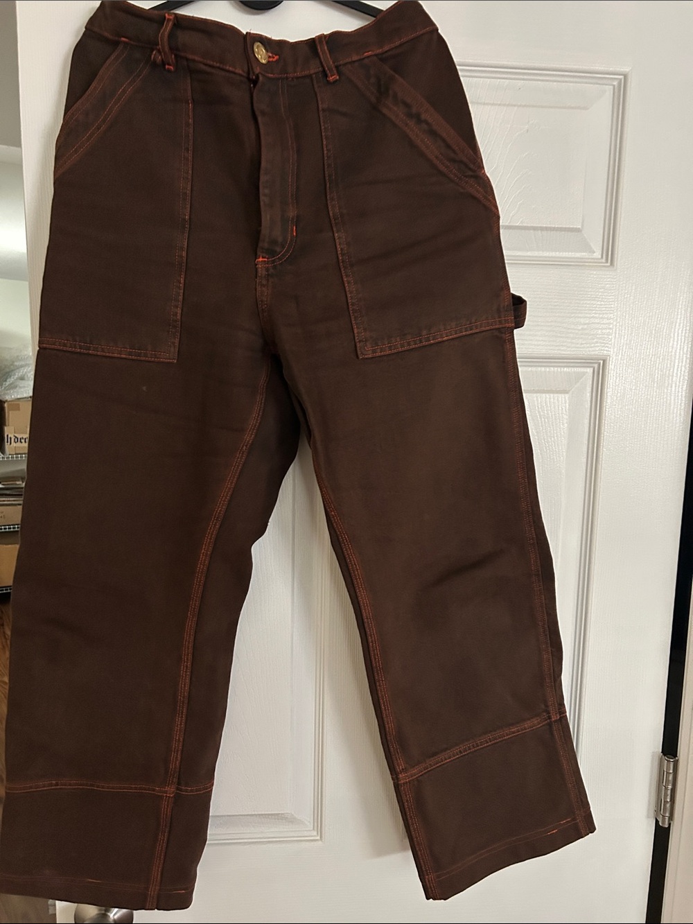 Big Bud brown carpenter pants with orange stitching